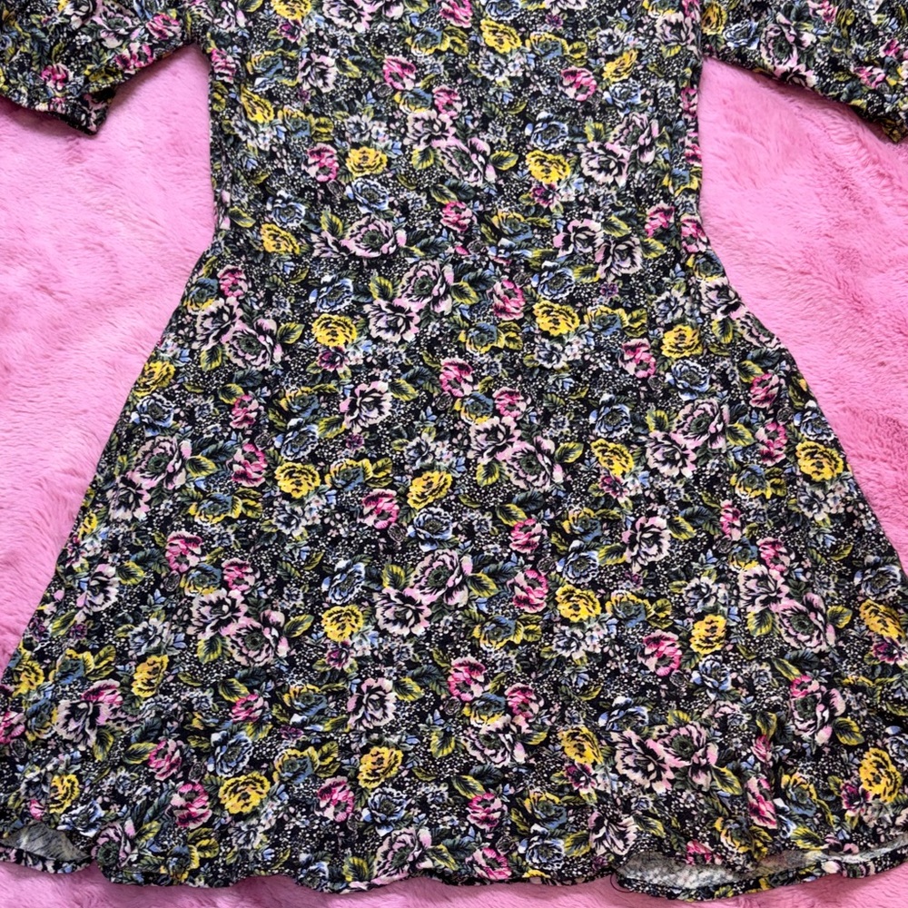love, Fire Yellow, Pink, and Blue Floral Print Short Sleeve Mini Dress - Picture 4 of 6